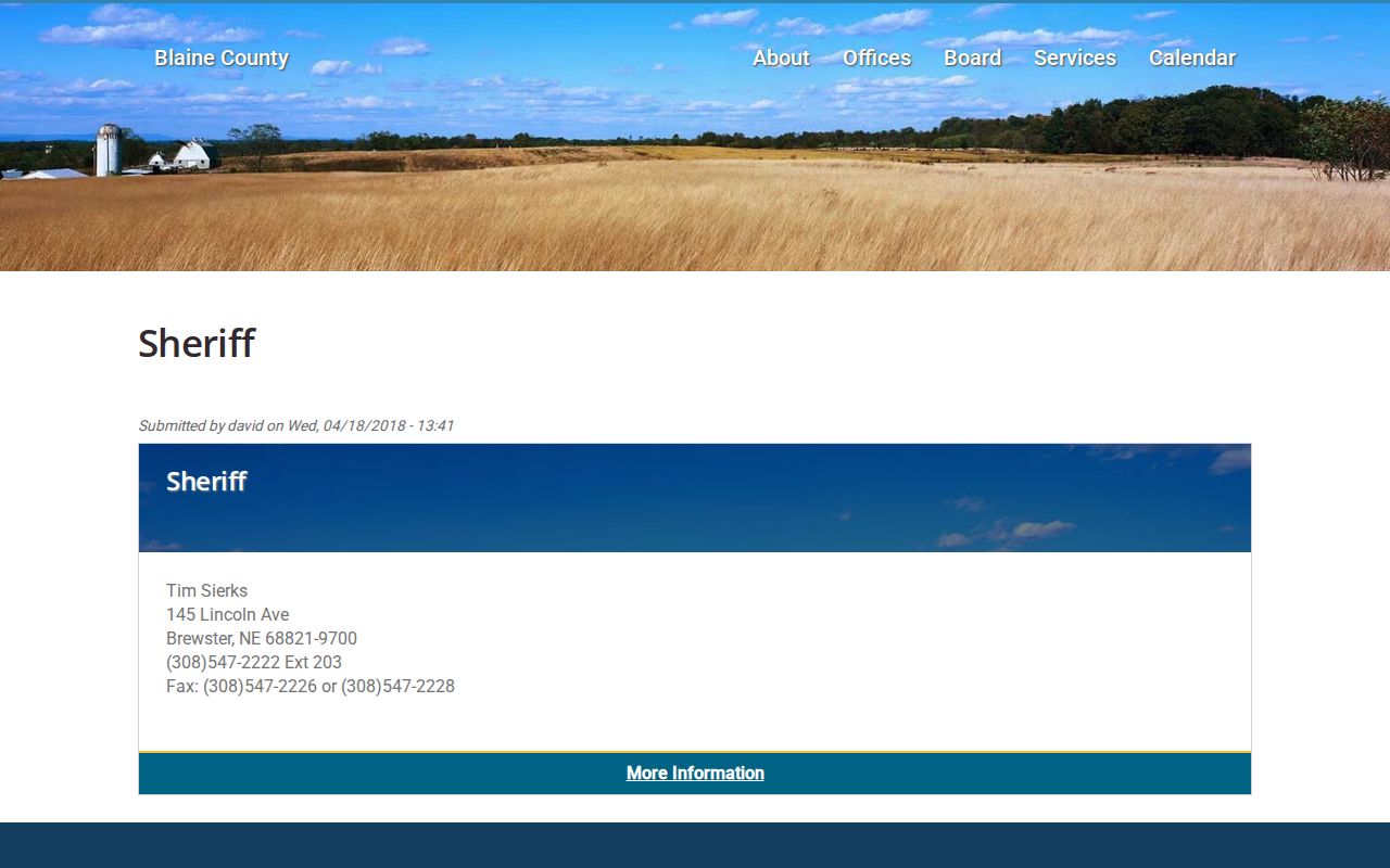 Blaine County Sheriff official contact page showing the county sheriff records starting point