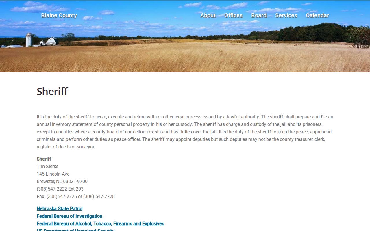 Blaine County Sheriff duties page describing jail and prisoner-custody responsibilities