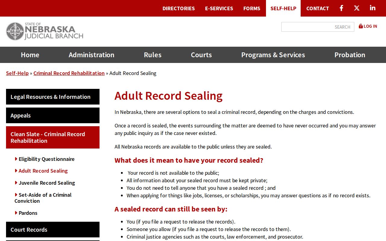 Nebraska Judicial Branch adult criminal-record sealing guidance page