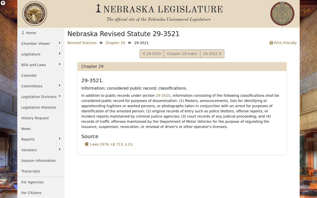 Nebraska statute page for public criminal-history information including arrest-identification photographs