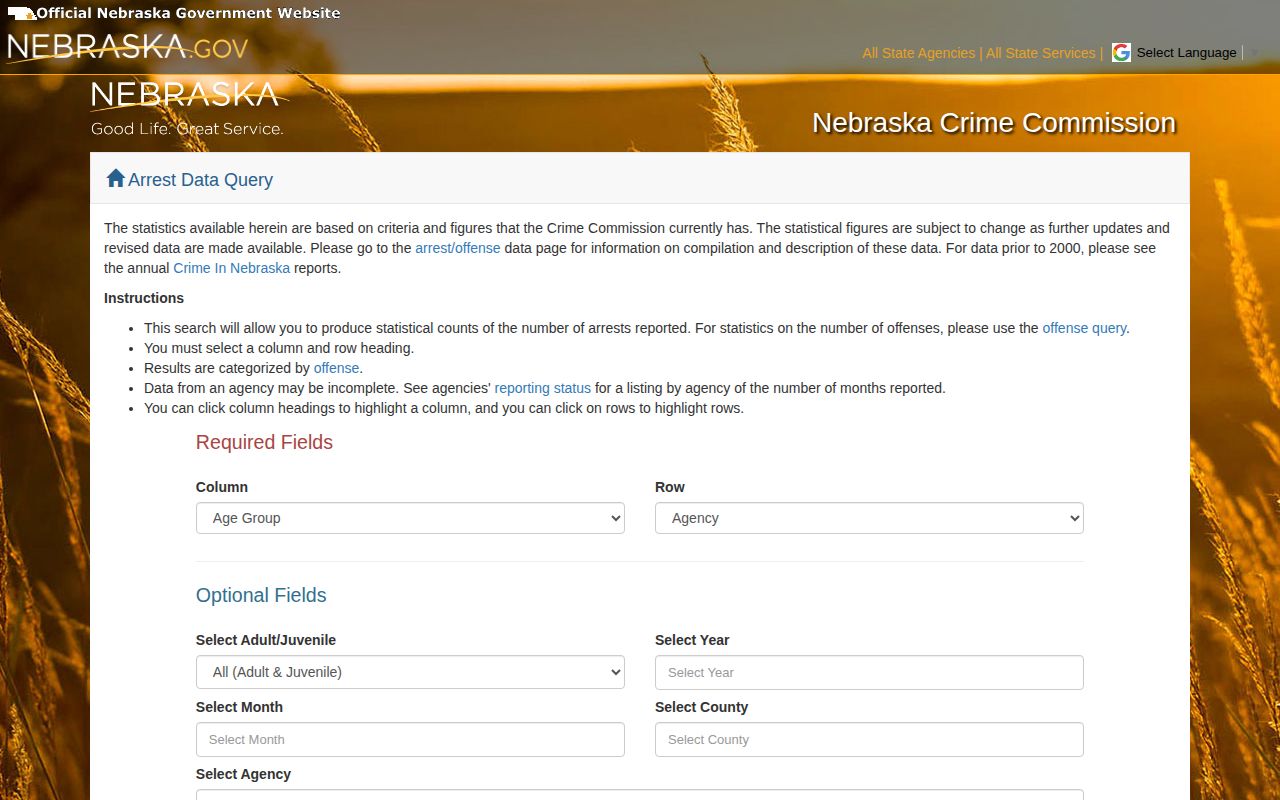 Nebraska Crime Commission arrest-data query with county and date filters