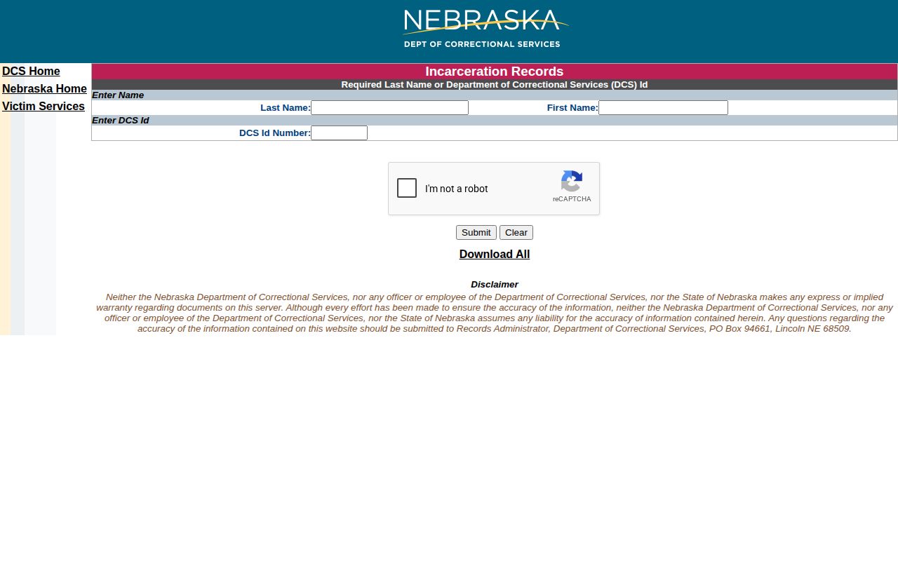 Nebraska Department of Correctional Services public inmate search form